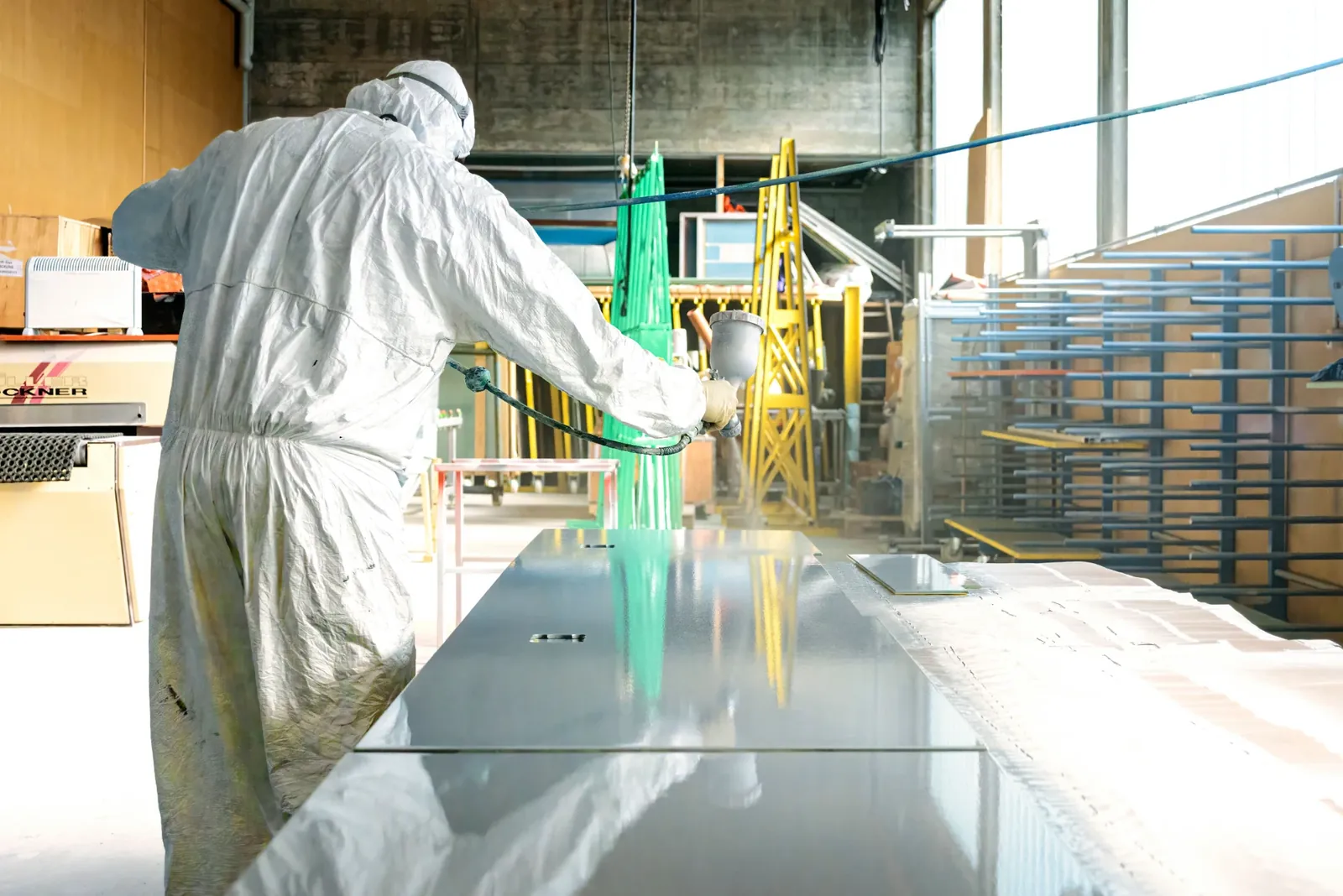 Glas lackieren im Schutzanzug